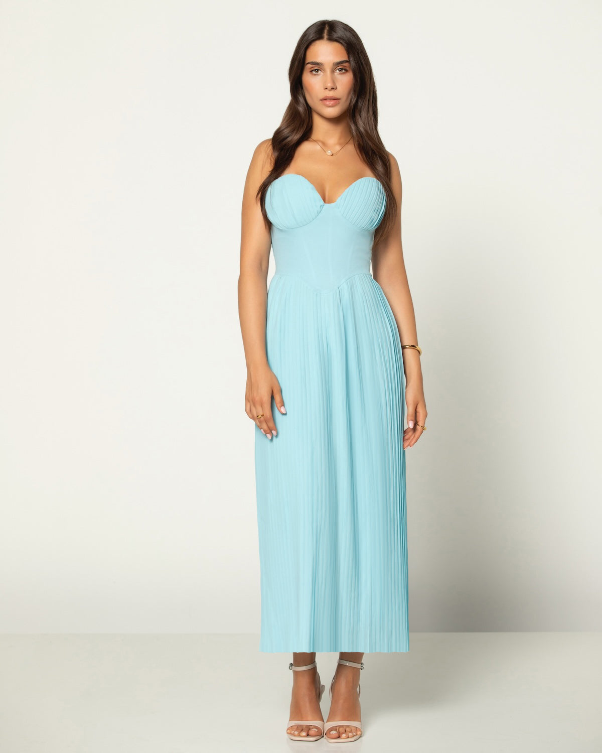 armoirè - Elegantní pliséovaný bustier-maxikabát v světle modré