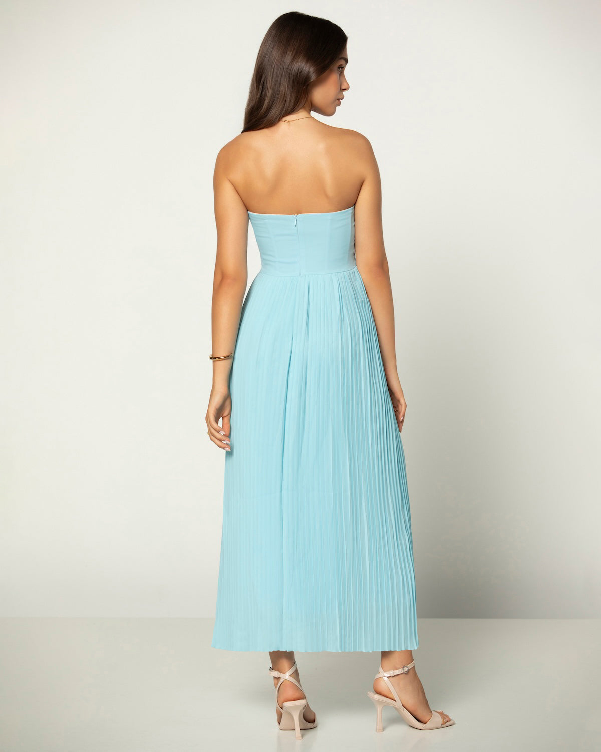armoirè - Elegantní pliséovaný bustier-maxikabát v světle modré