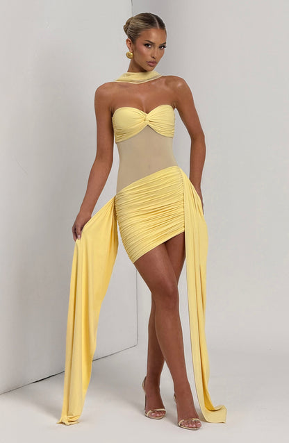 Armoirè - Šaty bez ramínek Lemon Maxi-Mini s detaily drapování