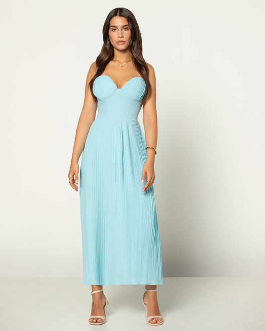armoirè - Elegantní pliséovaný bustier-maxikabát v světle modré