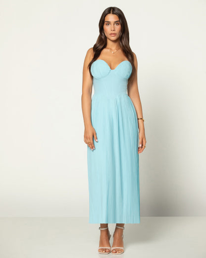 armoirè - Elegantní pliséovaný bustier-maxikabát v světle modré