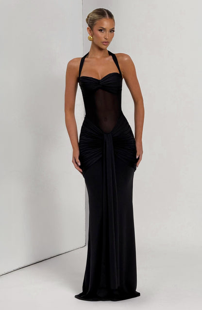 Armoirè - Elegantní černé maxi večerní šaty s mesh