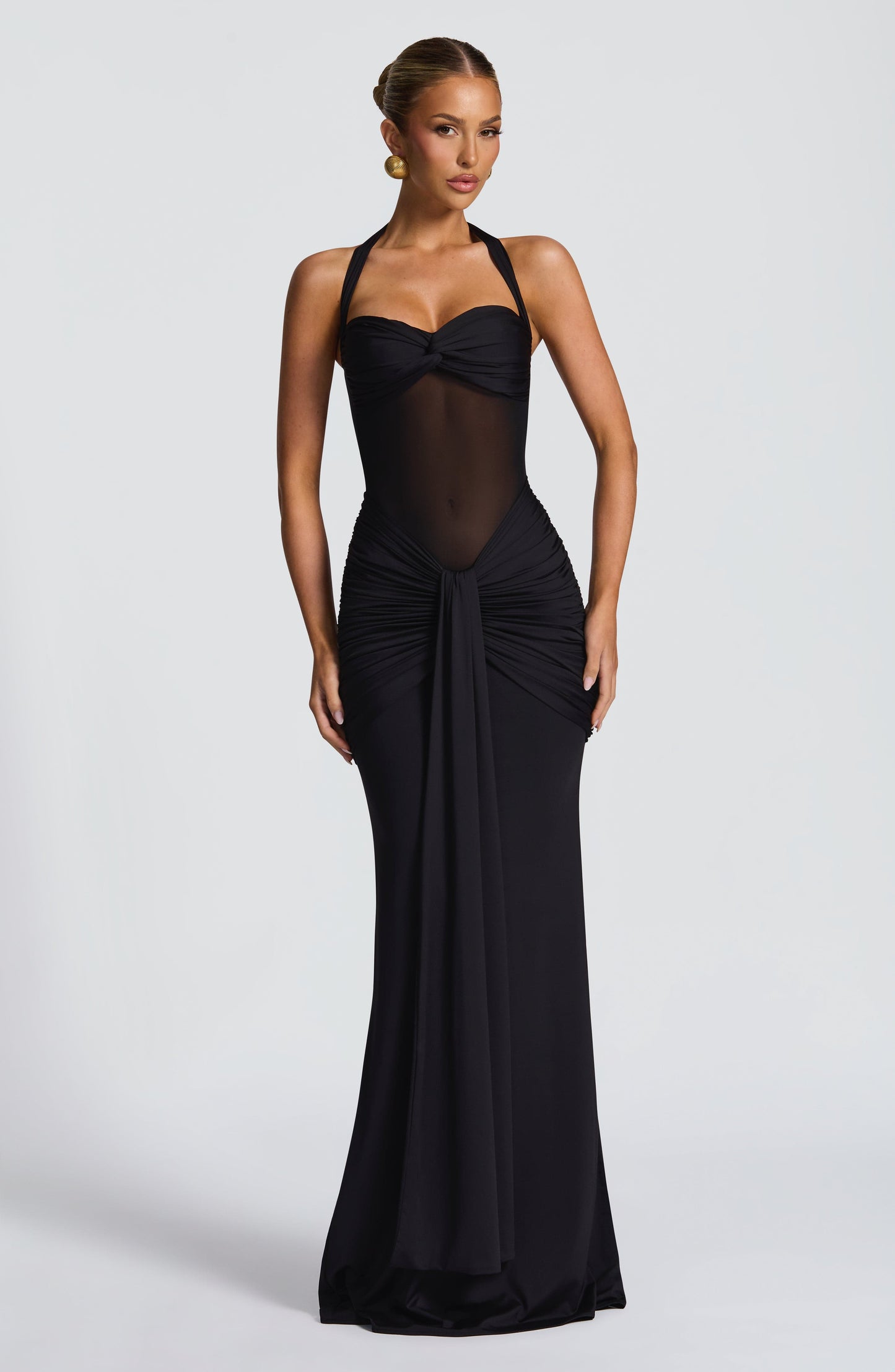 Armoirè - Elegantní černé maxi večerní šaty s mesh