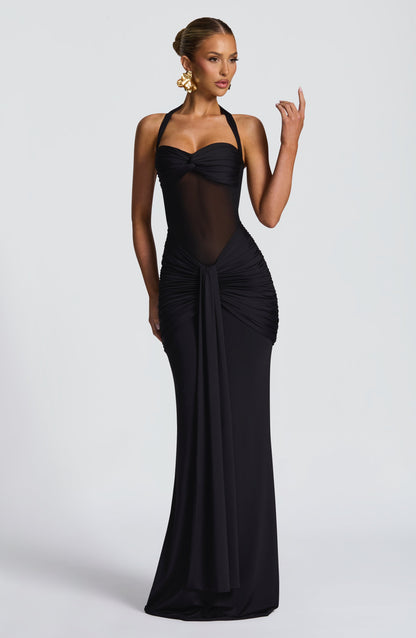 Armoirè - Elegantní černé maxi večerní šaty s mesh