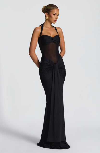Armoirè - Elegantní černé maxi večerní šaty s mesh