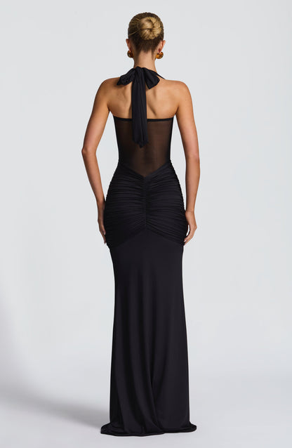 Armoirè - Elegantní černé maxi večerní šaty s mesh