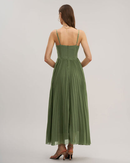 Armoirè – Elegantní zelené maxi šaty s ramínky a srdcovým výstřihem